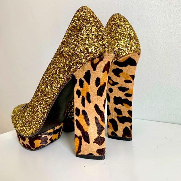 GOLD ANIMAL PRINT SHOES PUMPS PLATFORM HEELS NINE WEST - Picture 3 of 6